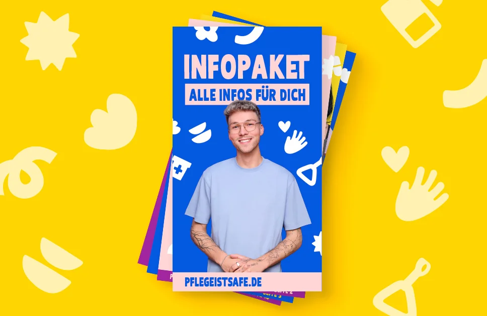 Infopaket zur Altenpflegeausbildung mit jungem Mann auf blauem Cover vor gelbem Hintergrund.